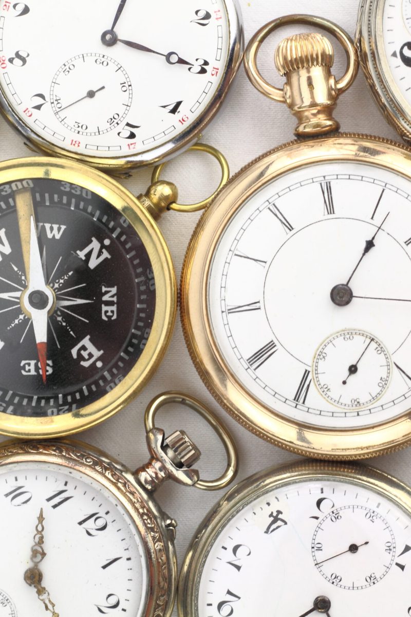 Various Antique pocket watches and a compass